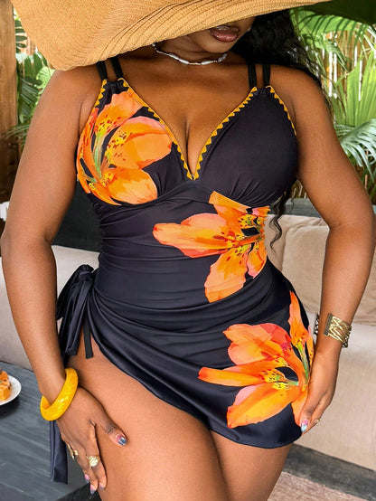 Slaydiva 2026 Spring Plus Size Women's 3-Piece Printed Bikini Set, Tie-String Triangle Bottoms, Drawstring Mini Skirt, Swimwear
