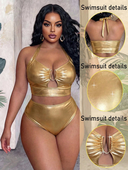 Slaydiva 2026 Spring/Summer Plus Size Gold Foil Fabric Women Swimwear Set