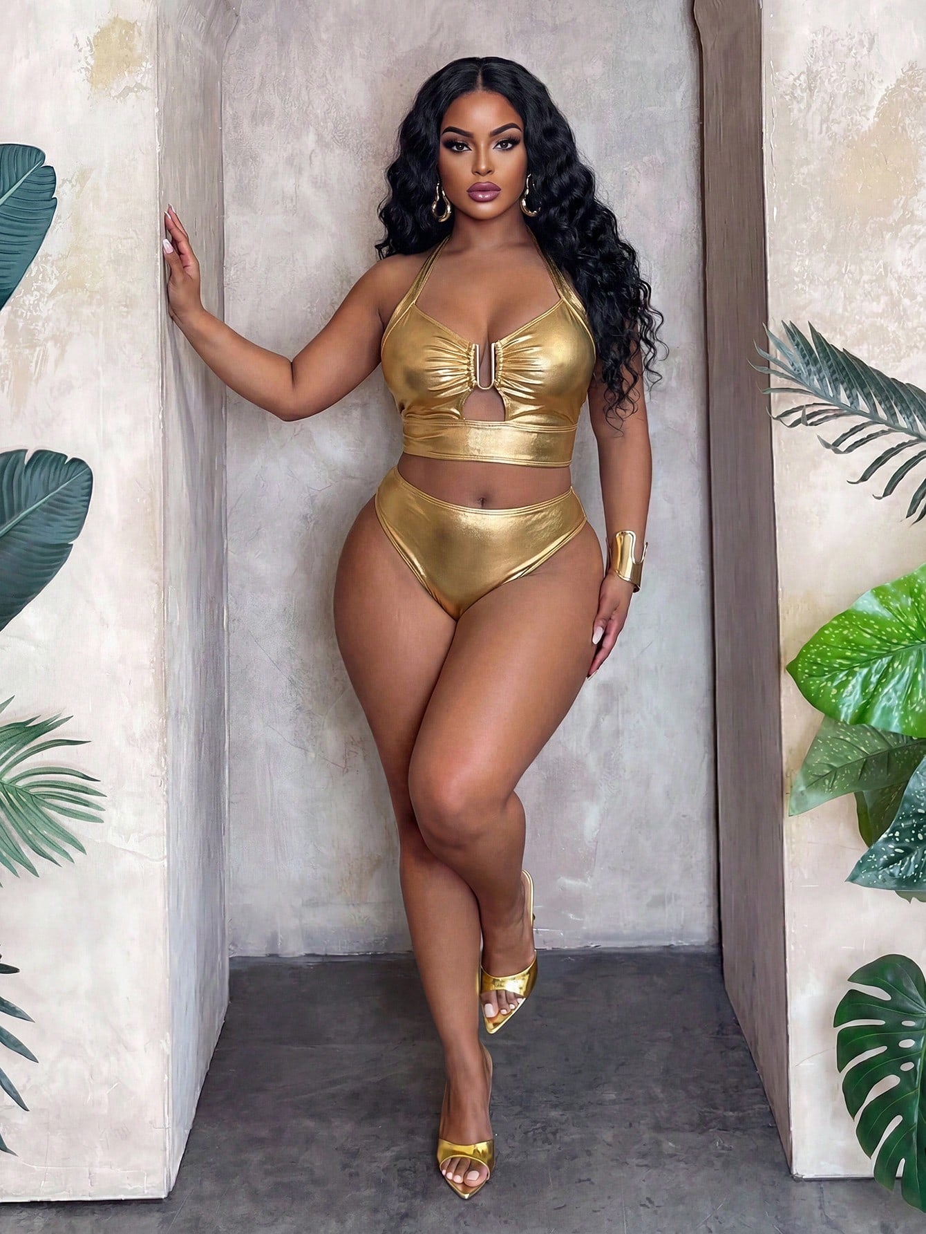 Slaydiva 2026 Spring/Summer Plus Size Gold Foil Fabric Women Swimwear Set