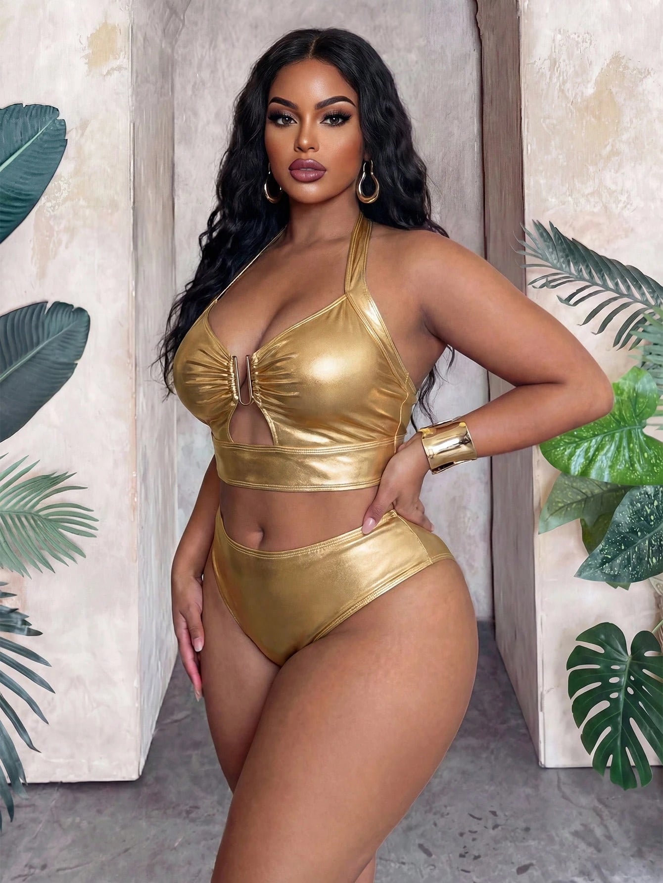 Slaydiva 2026 Spring/Summer Plus Size Gold Foil Fabric Women Swimwear Set