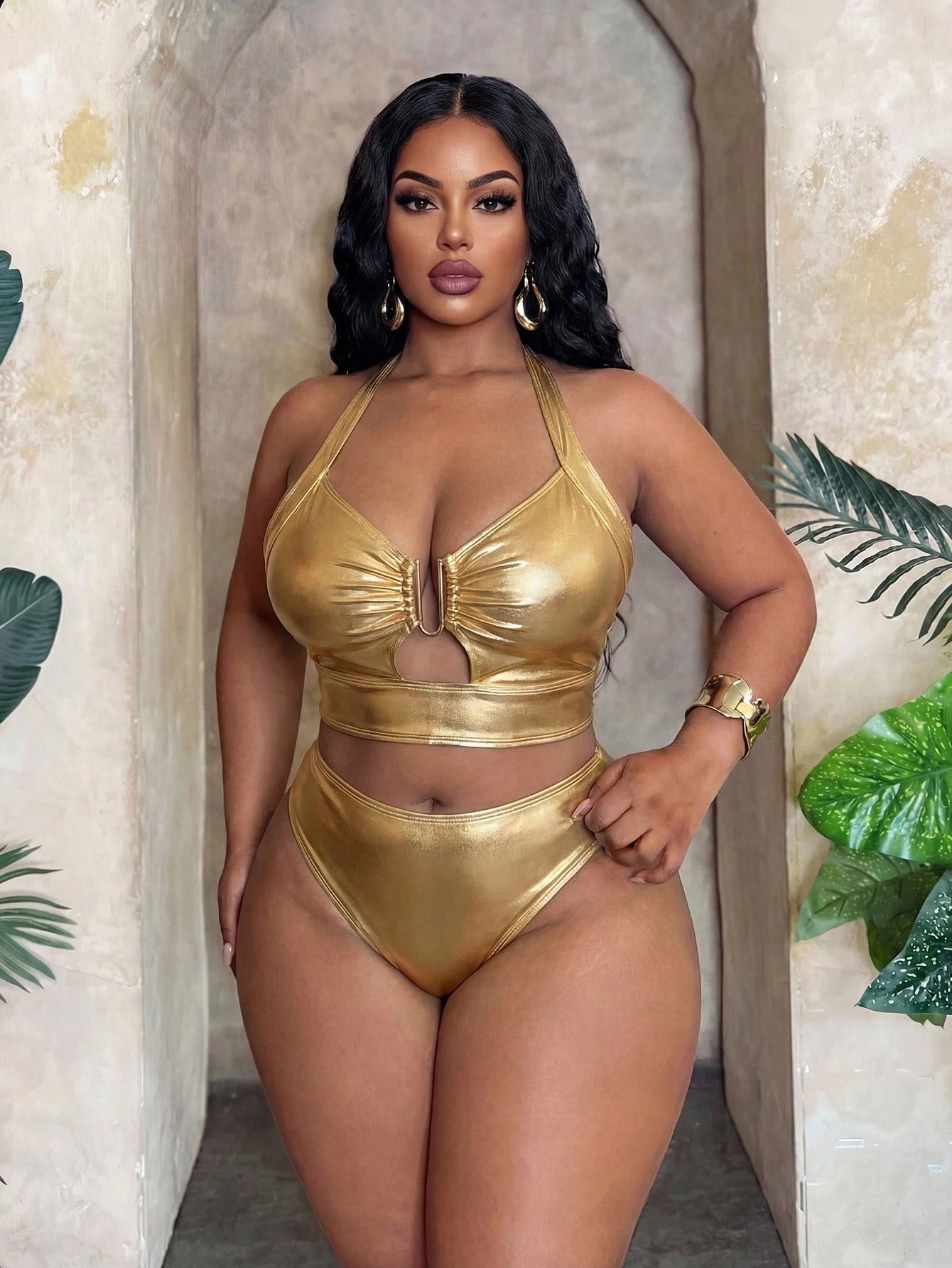 Slaydiva 2026 Spring/Summer Plus Size Gold Foil Fabric Women Swimwear Set