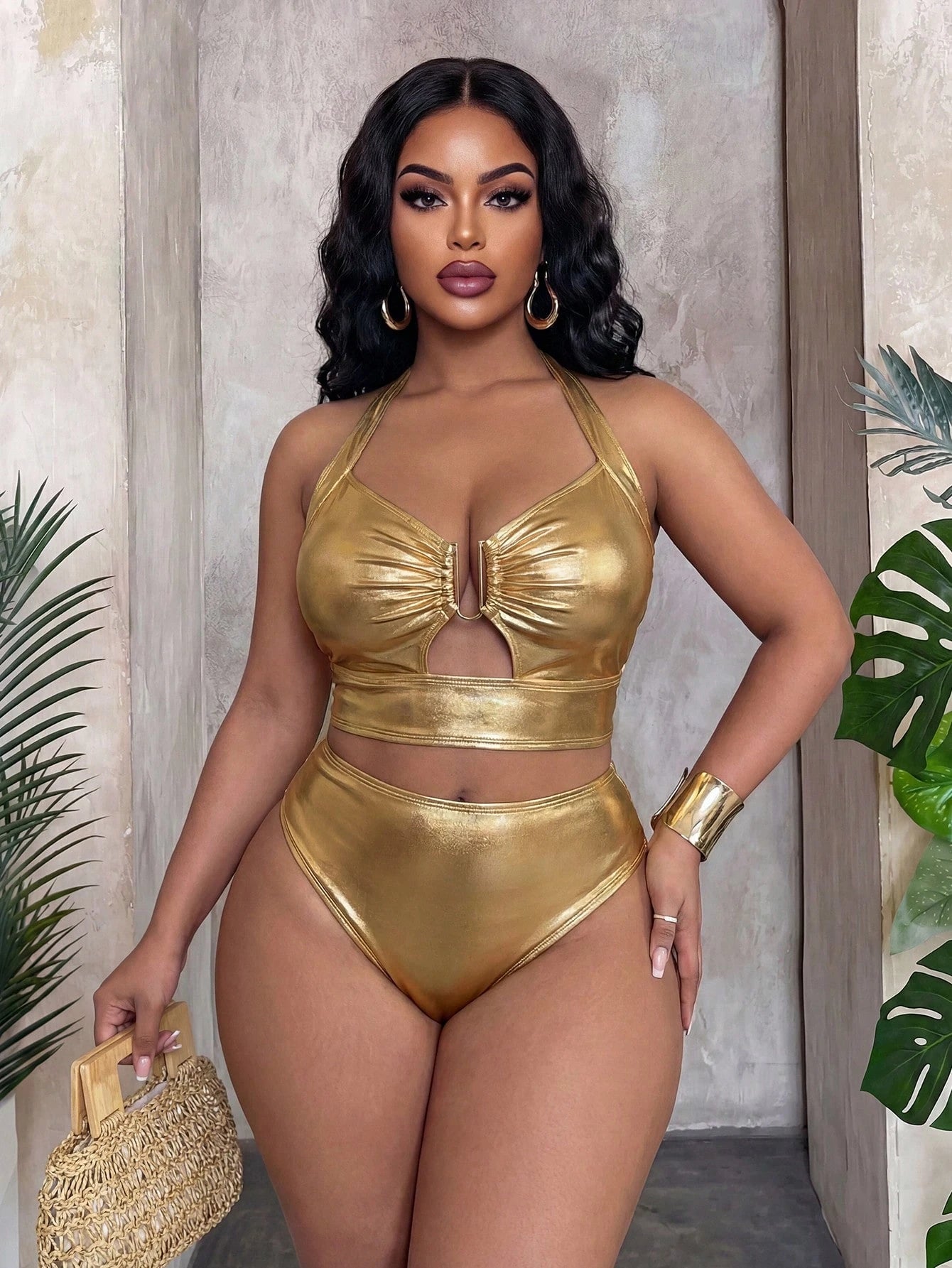 Slaydiva 2026 Spring/Summer Plus Size Gold Foil Fabric Women Swimwear Set