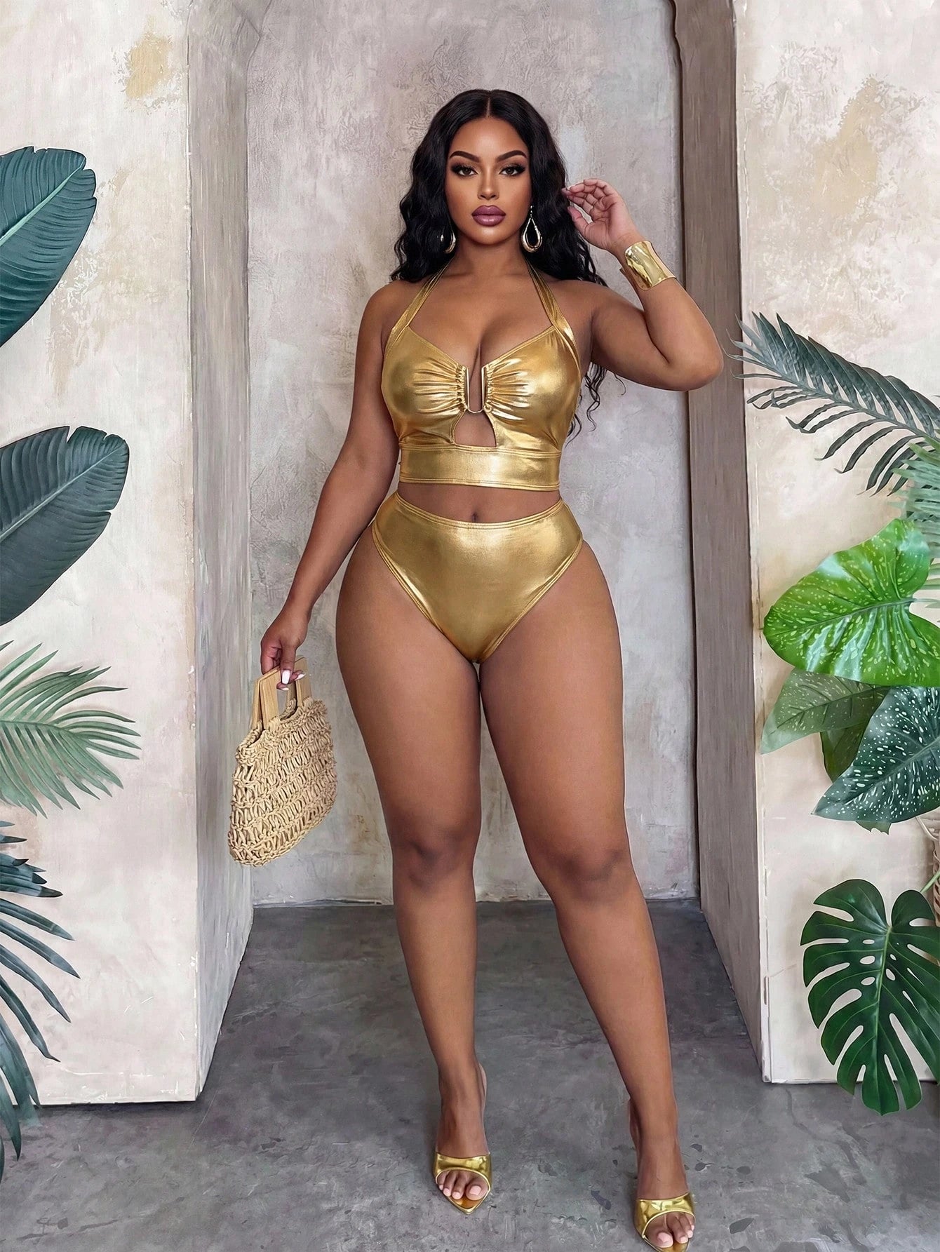 Slaydiva 2026 Spring/Summer Plus Size Gold Foil Fabric Women Swimwear Set