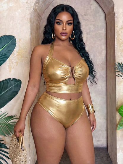 Slaydiva 2026 Spring/Summer Plus Size Gold Foil Fabric Women Swimwear Set