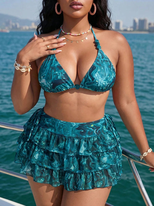 Slaydiva 2026 Summer New Beach Vacation Sexy Bikini 3 Pieces Set Gradient Print Beaded Accessories Plus Size Swimsuit Set