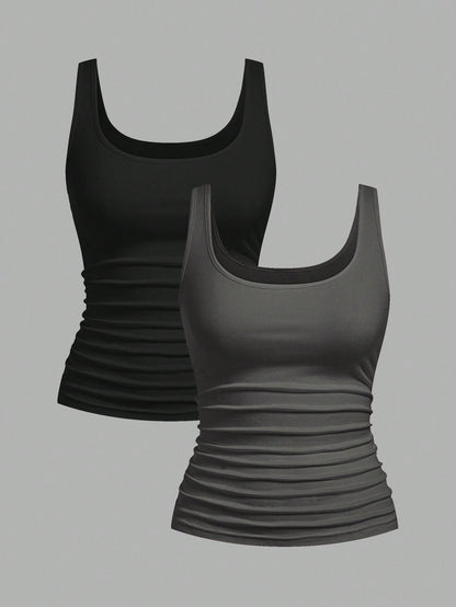 Slaydiva 2pcs Women Casual Scoop Neck Ruched Fitted Tank Top Set, Versatile Daily Wear,Summer Top Home Black Grey