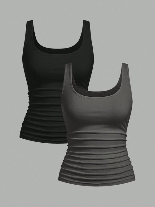 Slaydiva 2pcs Women Casual Scoop Neck Ruched Fitted Tank Top Set, Versatile Daily Wear,Summer Top Home Black Grey