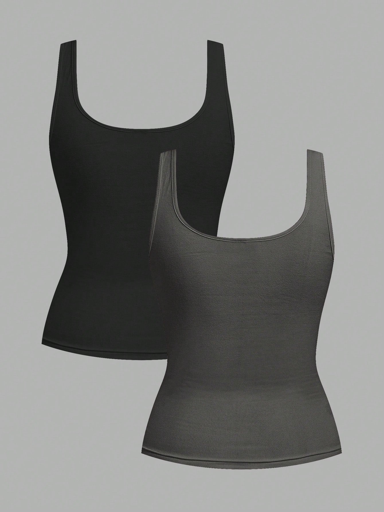 Slaydiva 2pcs Women Casual Scoop Neck Ruched Fitted Tank Top Set, Versatile Daily Wear,Summer Top Home Black Grey