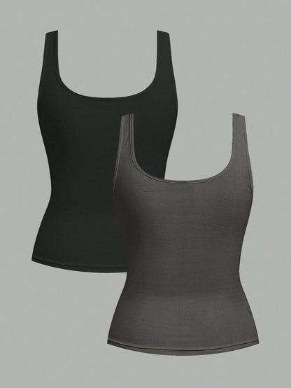 Slaydiva 2pcs Women Casual Scoop Neck Ruched Fitted Tank Top Set, Versatile Daily Wear,Summer Top Home Black Grey