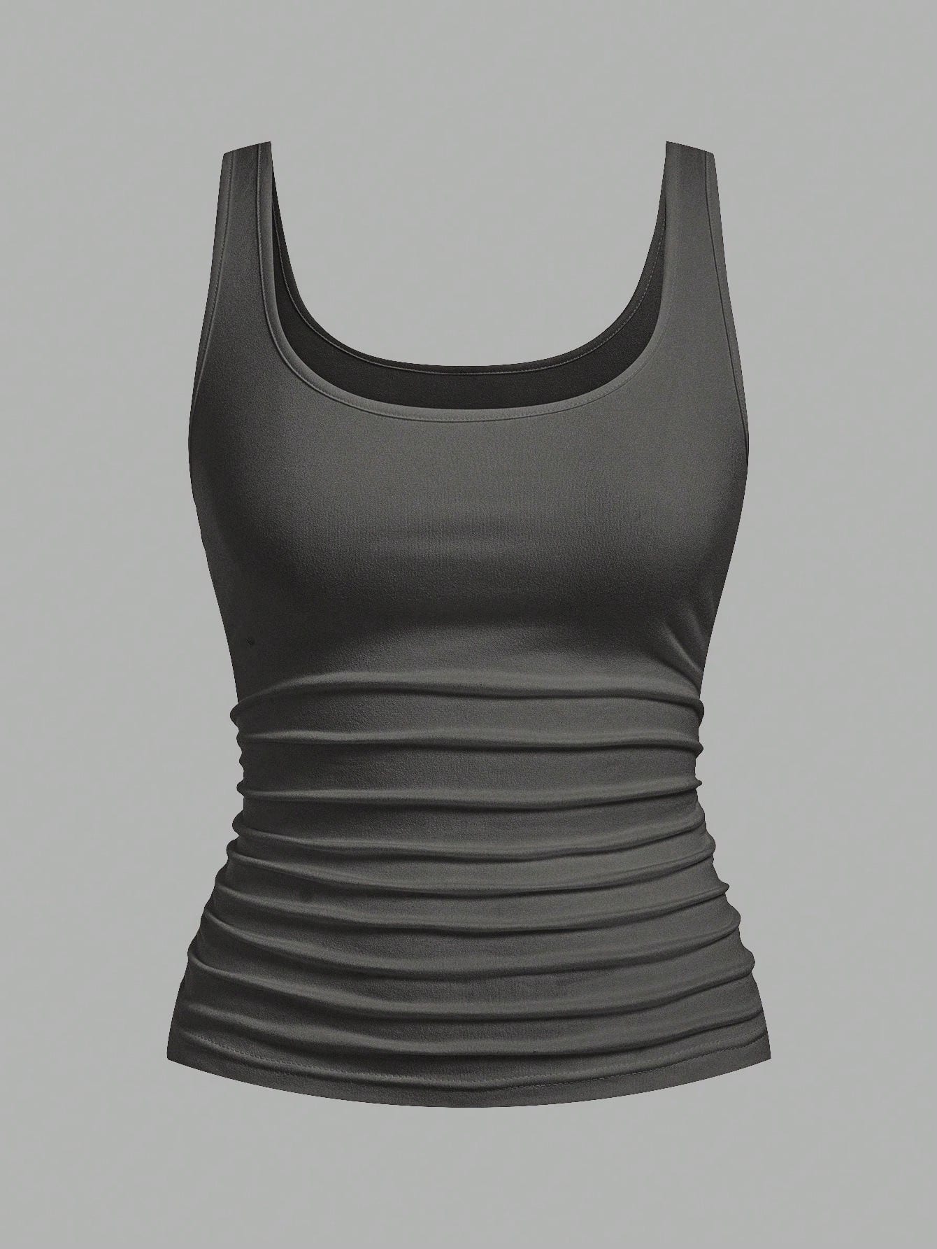Slaydiva 2pcs Women Casual Scoop Neck Ruched Fitted Tank Top Set, Versatile Daily Wear,Summer Top Home Black Grey