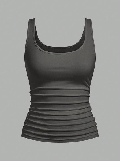 Slaydiva 2pcs Women Casual Scoop Neck Ruched Fitted Tank Top Set, Versatile Daily Wear,Summer Top Home Black Grey