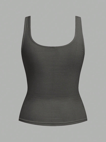 Slaydiva 2pcs Women Casual Scoop Neck Ruched Fitted Tank Top Set, Versatile Daily Wear,Summer Top Home Black Grey