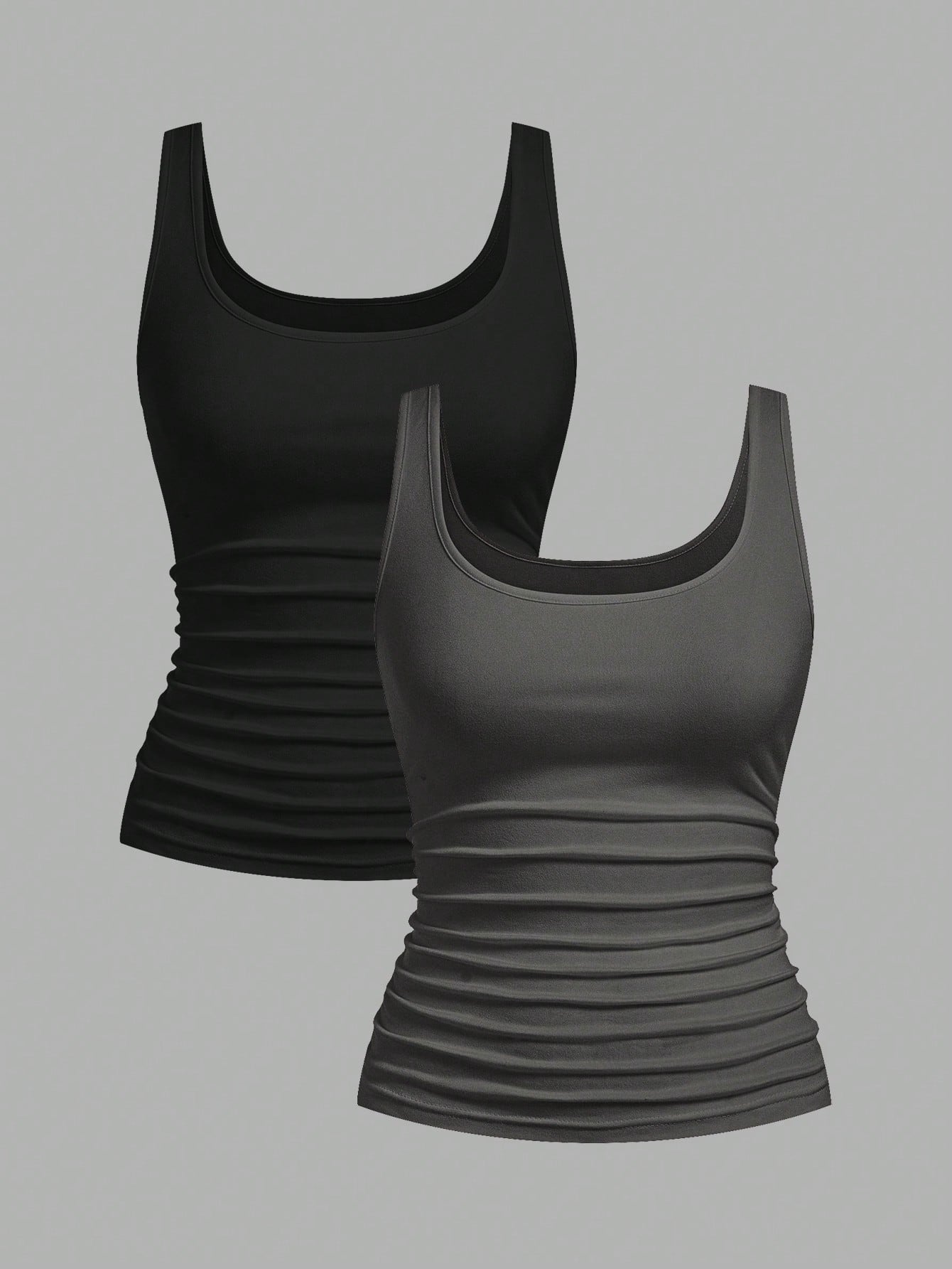 Slaydiva 2pcs Women Casual Scoop Neck Ruched Fitted Tank Top Set, Versatile Daily Wear,Summer Top Home Black Grey