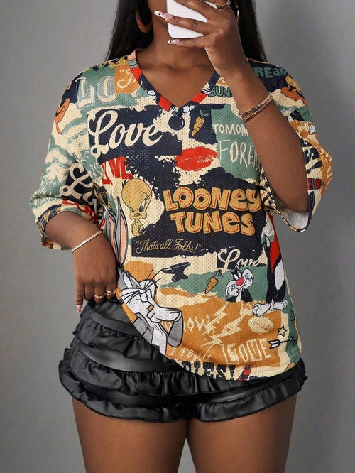 Slaydiva LOONEY TUNES X 2026 Plus Size Women's Casual Streetwear Retro Cartoon Graphic V-Neck Mesh Fabric Short Sleeve T-Shirt, Sports Tennis Style, Summer