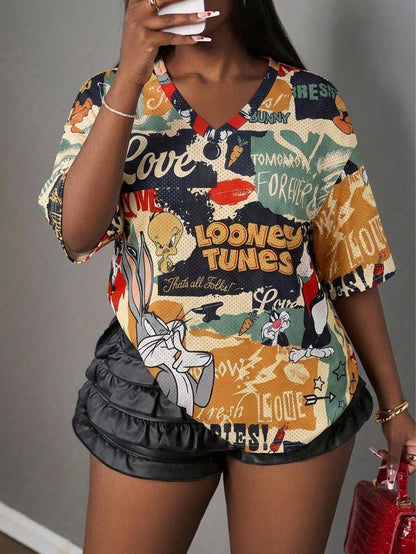 Slaydiva LOONEY TUNES X 2026 Plus Size Women's Casual Streetwear Retro Cartoon Graphic V-Neck Mesh Fabric Short Sleeve T-Shirt, Sports Tennis Style, Summer