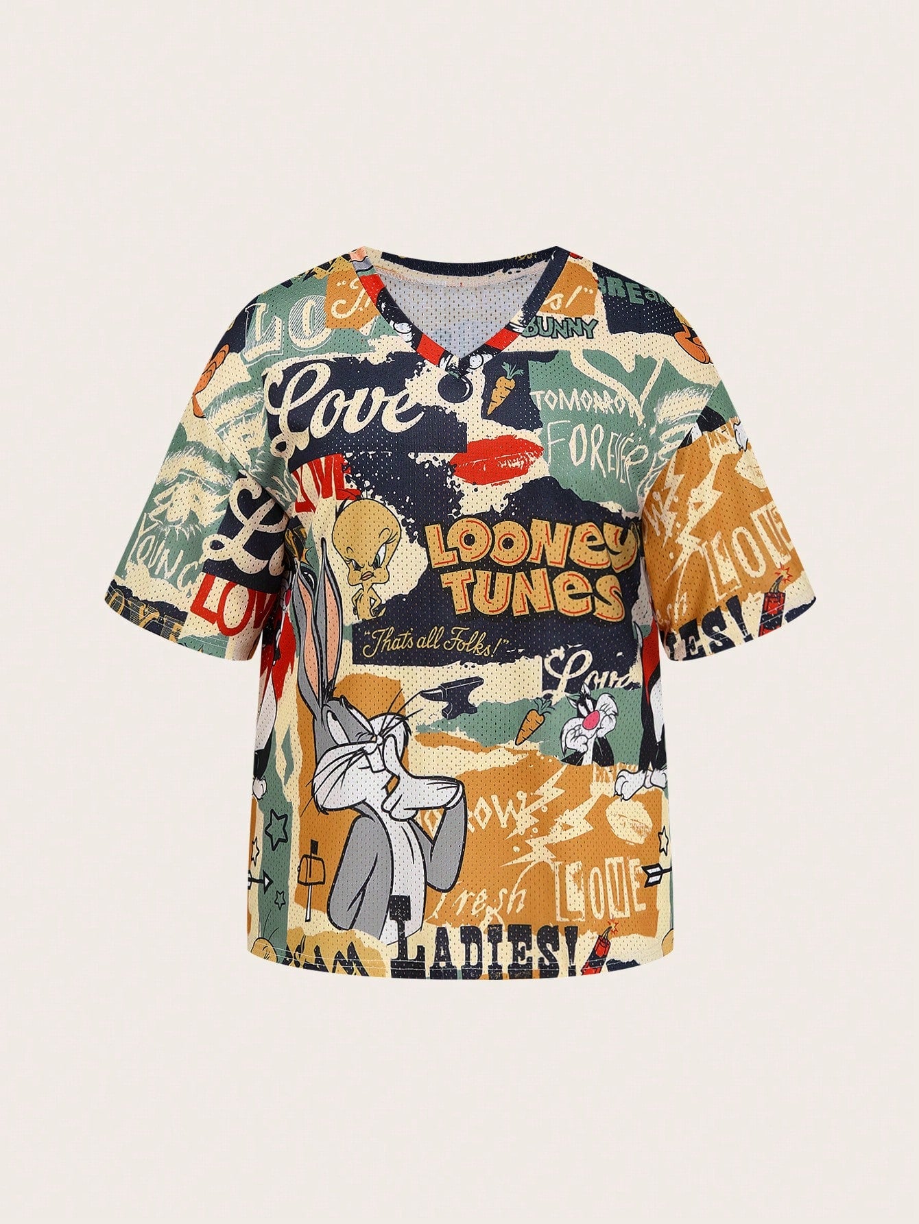 Slaydiva LOONEY TUNES X 2026 Plus Size Women's Casual Streetwear Retro Cartoon Graphic V-Neck Mesh Fabric Short Sleeve T-Shirt, Sports Tennis Style, Summer