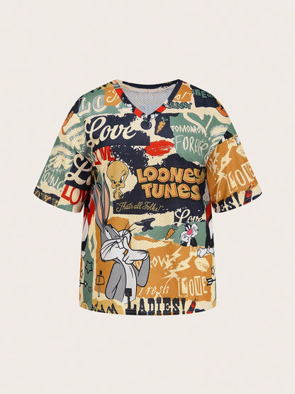 Slaydiva LOONEY TUNES X 2026 Plus Size Women's Casual Streetwear Retro Cartoon Graphic V-Neck Mesh Fabric Short Sleeve T-Shirt, Sports Tennis Style, Summer