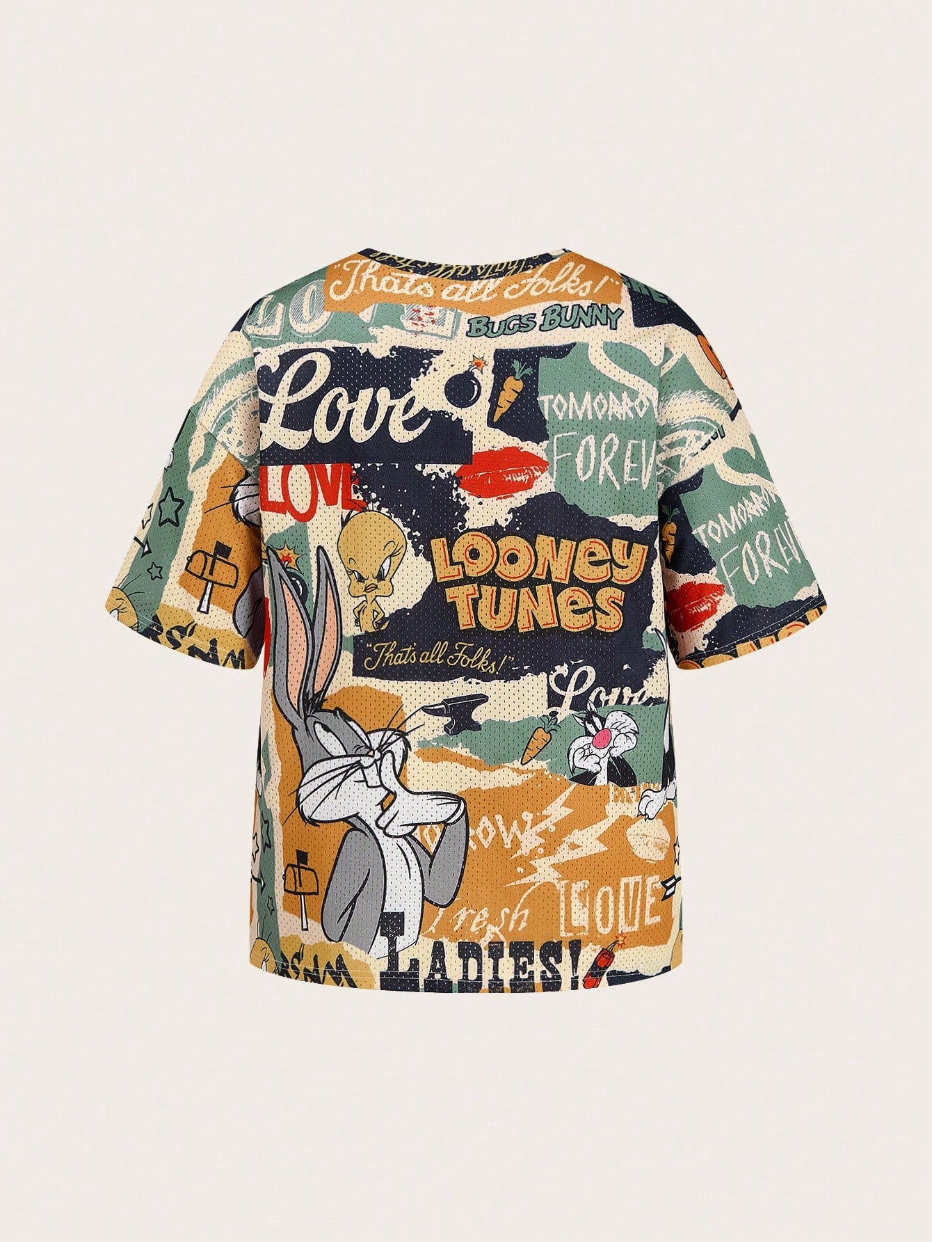 Slaydiva LOONEY TUNES X 2026 Plus Size Women's Casual Streetwear Retro Cartoon Graphic V-Neck Mesh Fabric Short Sleeve T-Shirt, Sports Tennis Style, Summer