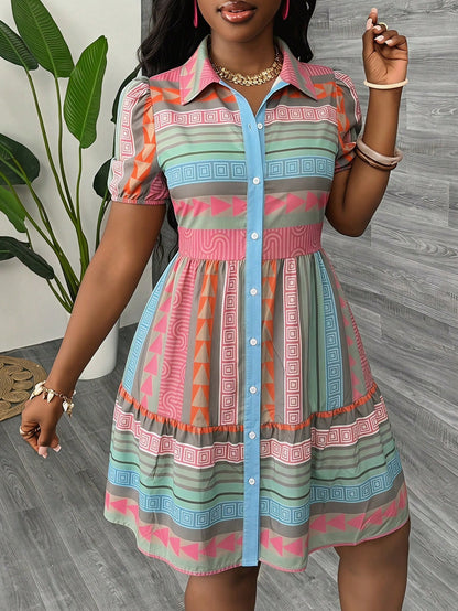 Slaydiva New Summer Geometric Print Vacation Petal Sleeve Open Front Tiered Loose Dress