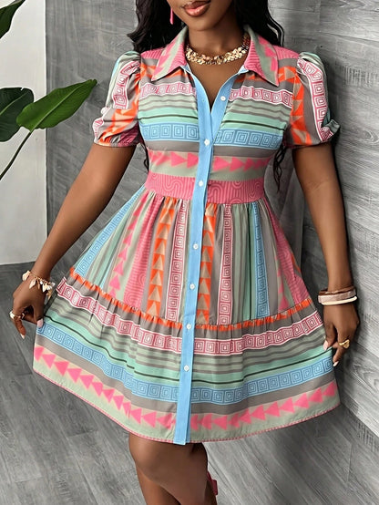 Slaydiva New Summer Geometric Print Vacation Petal Sleeve Open Front Tiered Loose Dress
