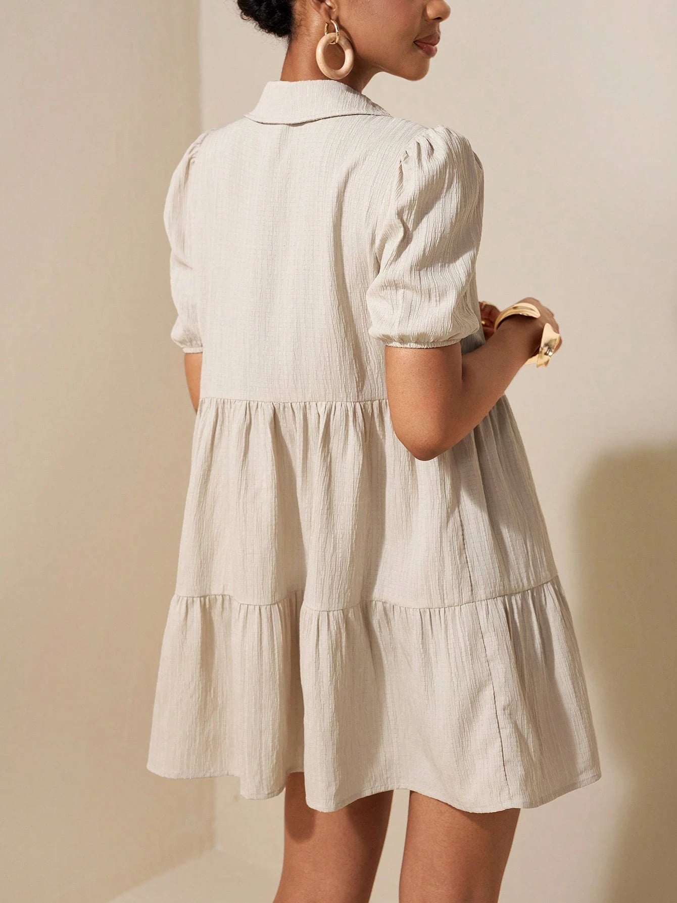 Slaydiva New Summer Geometric Print Vacation Petal Sleeve Open Front Tiered Loose Dress