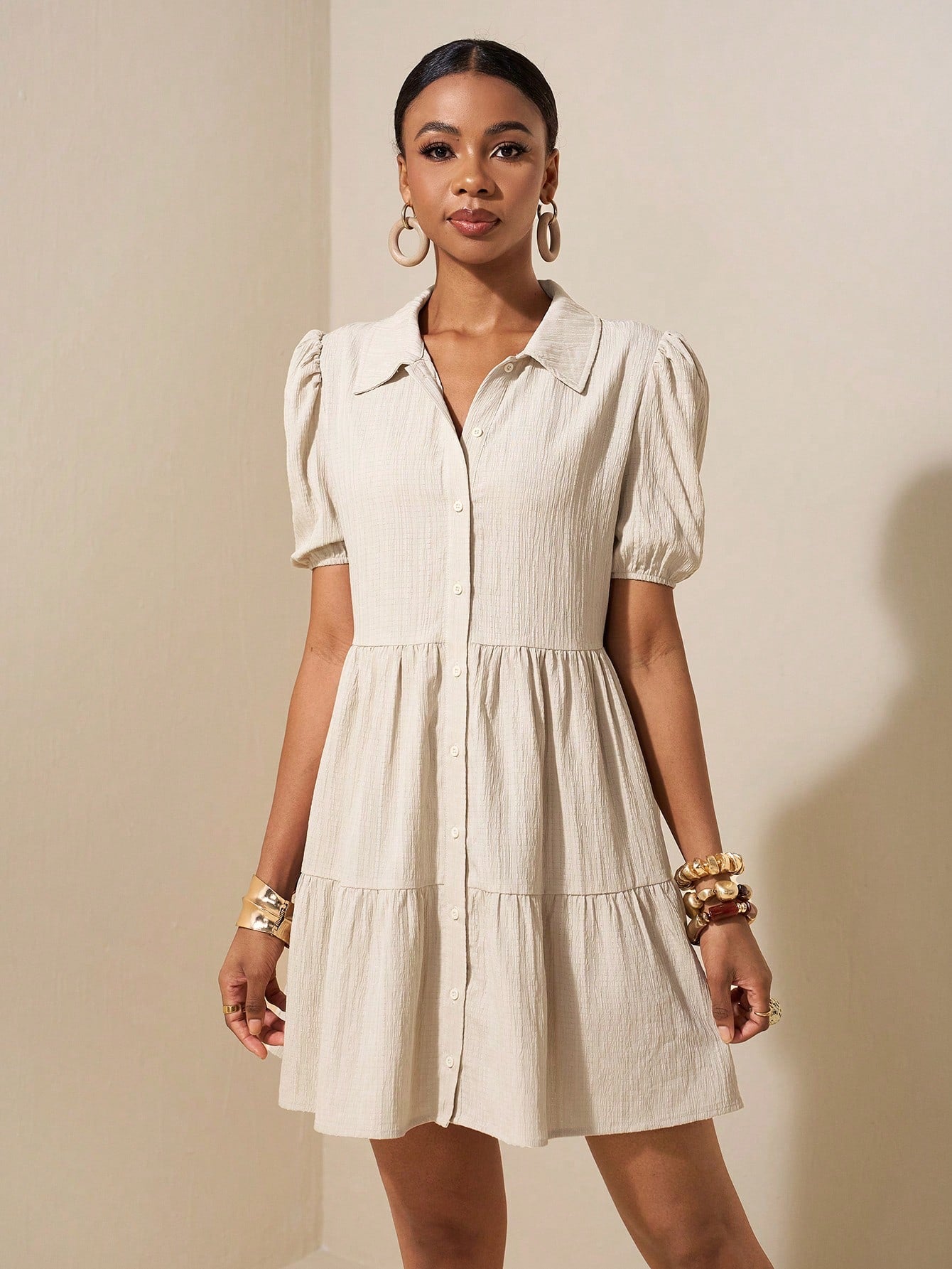 Slaydiva New Summer Geometric Print Vacation Petal Sleeve Open Front Tiered Loose Dress
