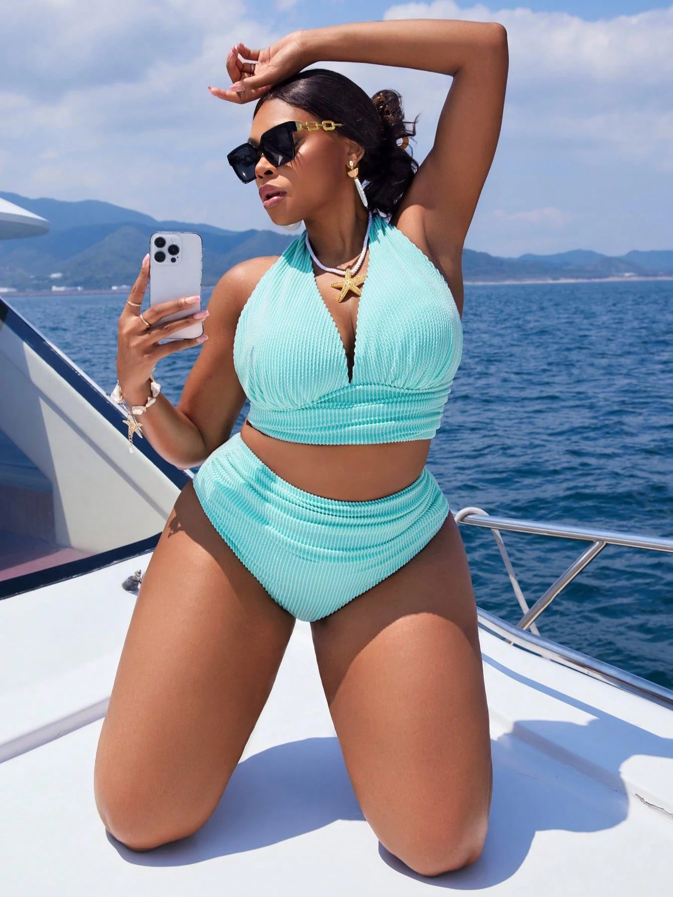 Slaydiva Plus Size 2Pcs Women Simple Daily Halter Splitting Swimsuit Set, Fashion Vacation Beach Swimwear For Summer
