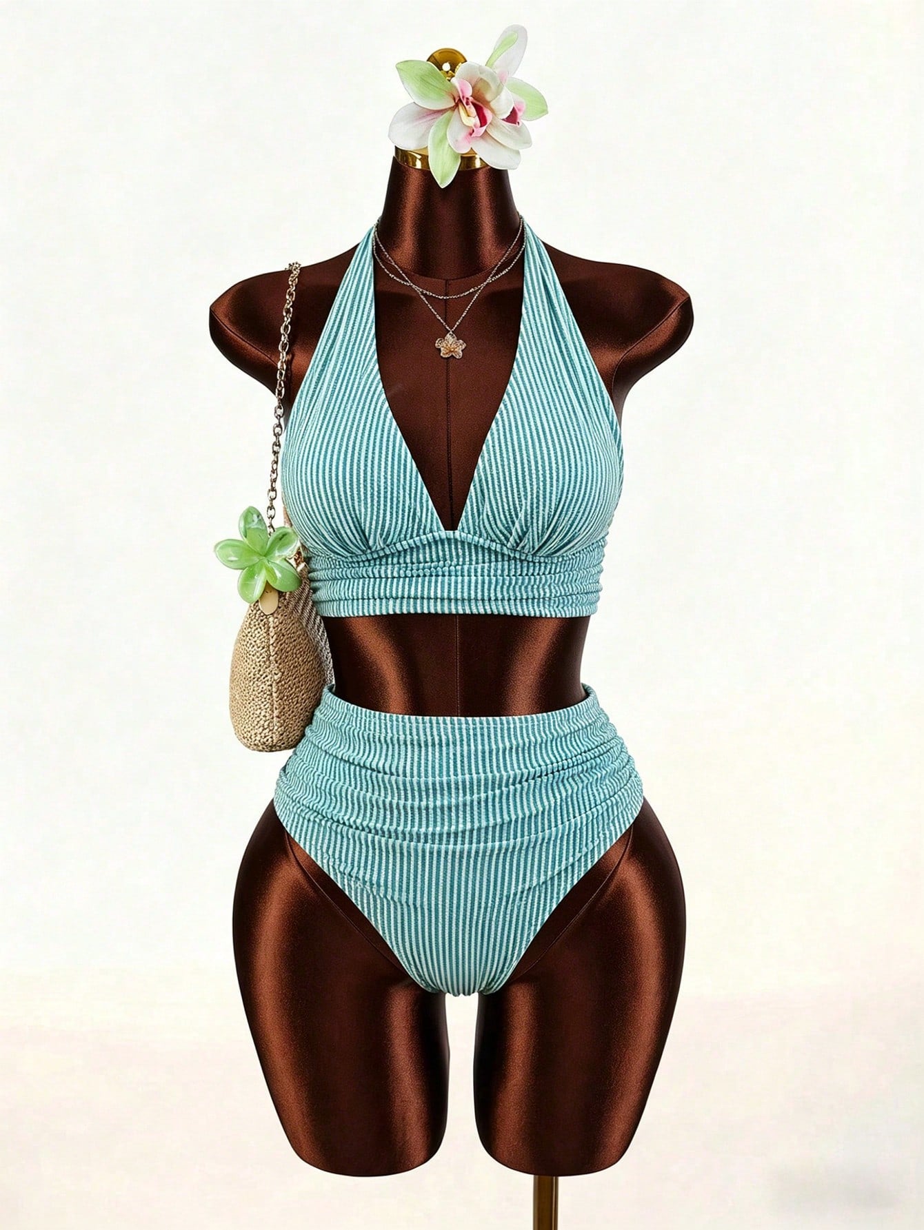 Slaydiva Plus Size 2Pcs Women Simple Daily Halter Splitting Swimsuit Set, Fashion Vacation Beach Swimwear For Summer