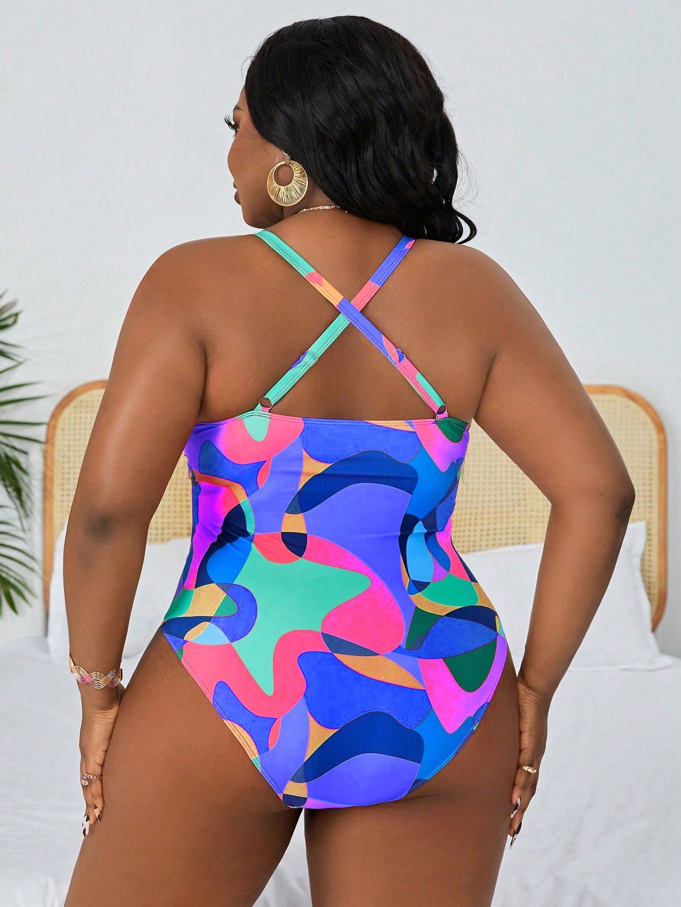 Slaydiva Plus Size Beach Vacation Colorful Printed Ruffled One-Piece Swimsuit For Summer Swimwear