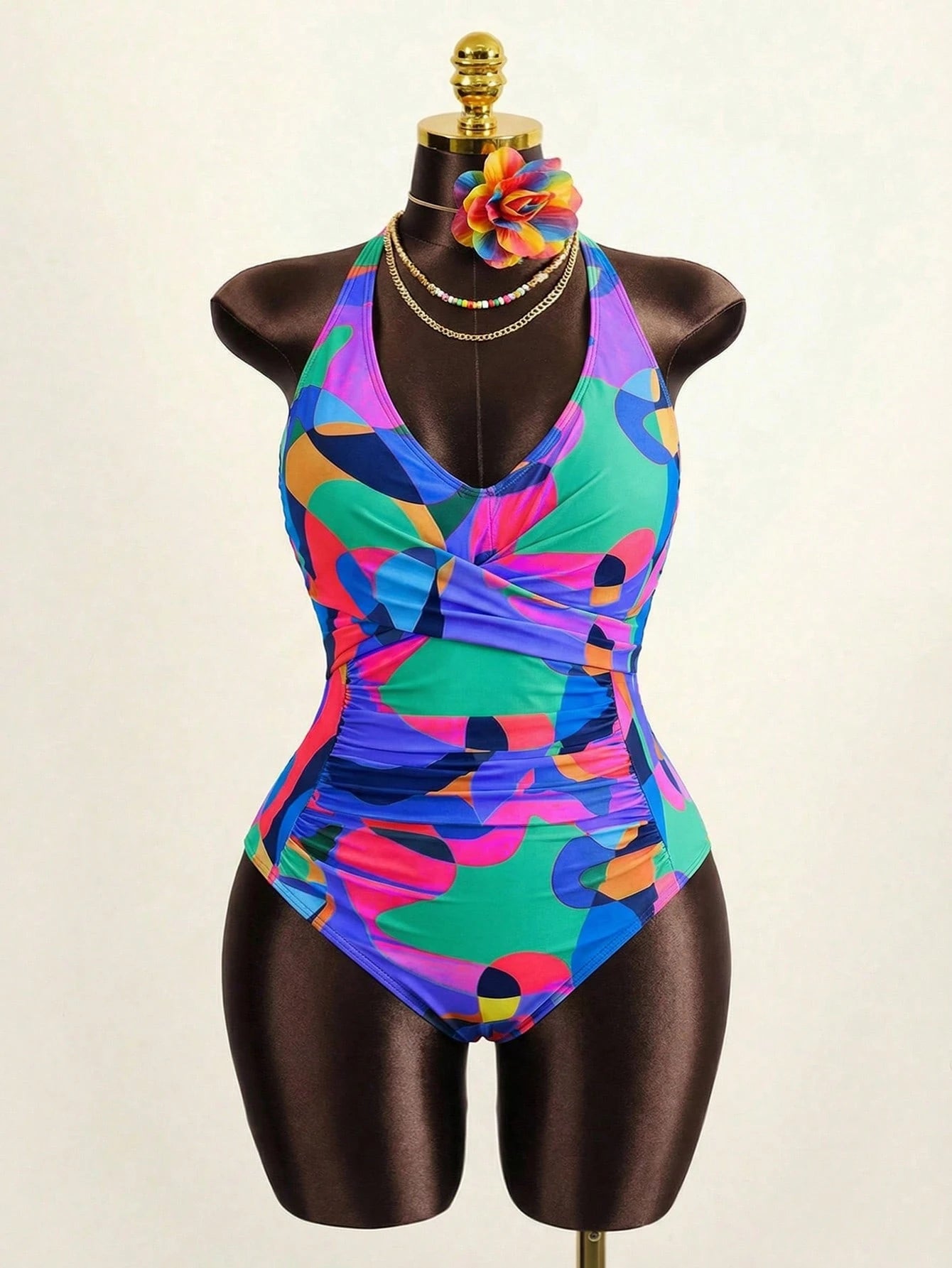 Slaydiva Plus Size Beach Vacation Colorful Printed Ruffled One-Piece Swimsuit For Summer Swimwear
