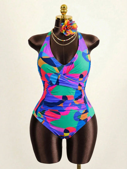 Slaydiva Plus Size Beach Vacation Colorful Printed Ruffled One-Piece Swimsuit For Summer Swimwear