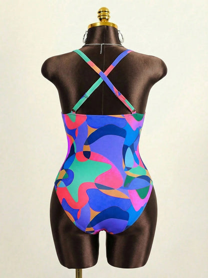 Slaydiva Plus Size Beach Vacation Colorful Printed Ruffled One-Piece Swimsuit For Summer Swimwear