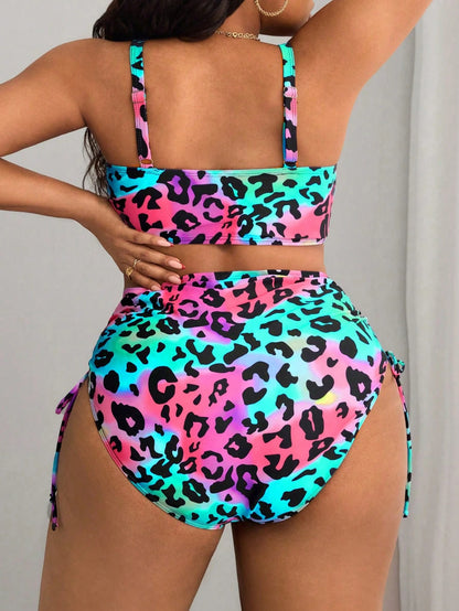 Slaydiva Plus Size Colorful Leopard Print Lace-Up Tankini Bikini Set For Summer Beach Vacation