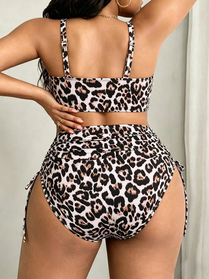 Slaydiva Plus Size Colorful Leopard Print Lace-Up Tankini Bikini Set For Summer Beach Vacation