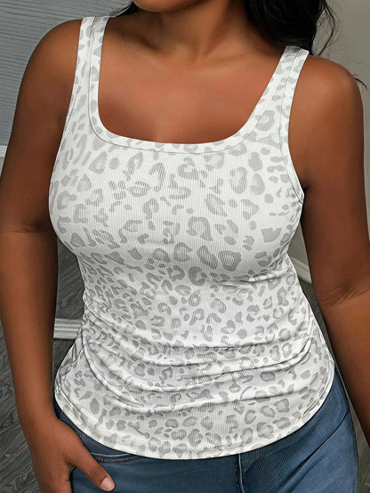 Slaydiva Plus Size Leopard Print Pattern Tank Top Suitable For Home Leisure, Outing Wear, Back To School Season And Influencer Style