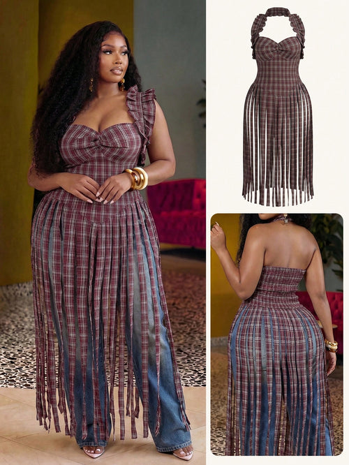 Slaydiva Plus Size Red Plaid Sleeveless Ruffled Halter Fringed Maxi Blouse,Navy Blue Autumn Curve Night Out Club Party Woven Top For Women, Music Festival