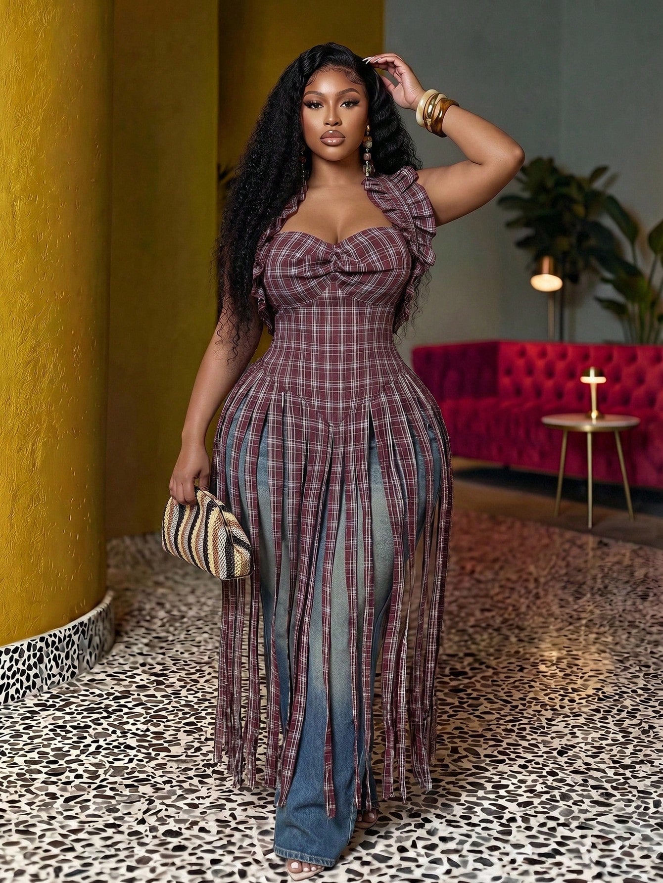 Slaydiva Plus Size Red Plaid Sleeveless Ruffled Halter Fringed Maxi Blouse,Navy Blue Autumn Curve Night Out Club Party Woven Top For Women, Music Festival