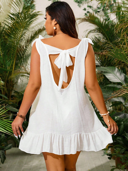 Slaydiva Plus Size Solid Color Lace Crochet Beach Cover Up, Fashion Tank Top Suitable For Summer