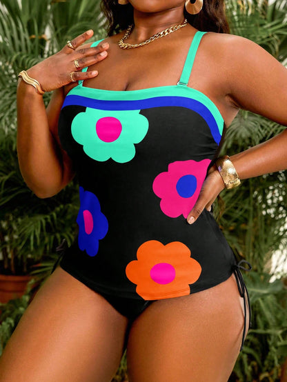 Slaydiva Plus Size Women 2pcs Floral Print Bandeau Swimwear Top With Drawstring High Waist Bottom Swimwear Set, Summer Beach Resort