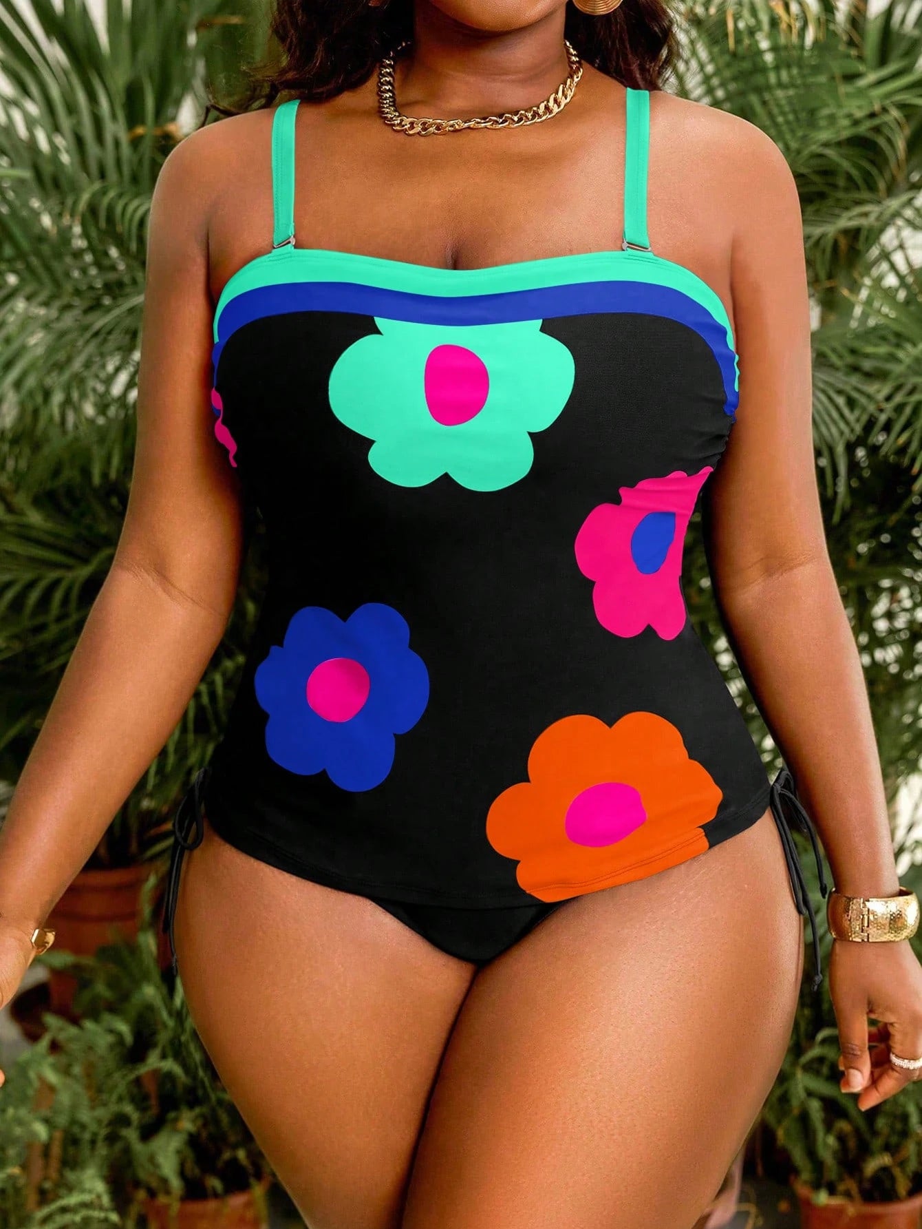 Slaydiva Plus Size Women 2pcs Floral Print Bandeau Swimwear Top With Drawstring High Waist Bottom Swimwear Set, Summer Beach Resort