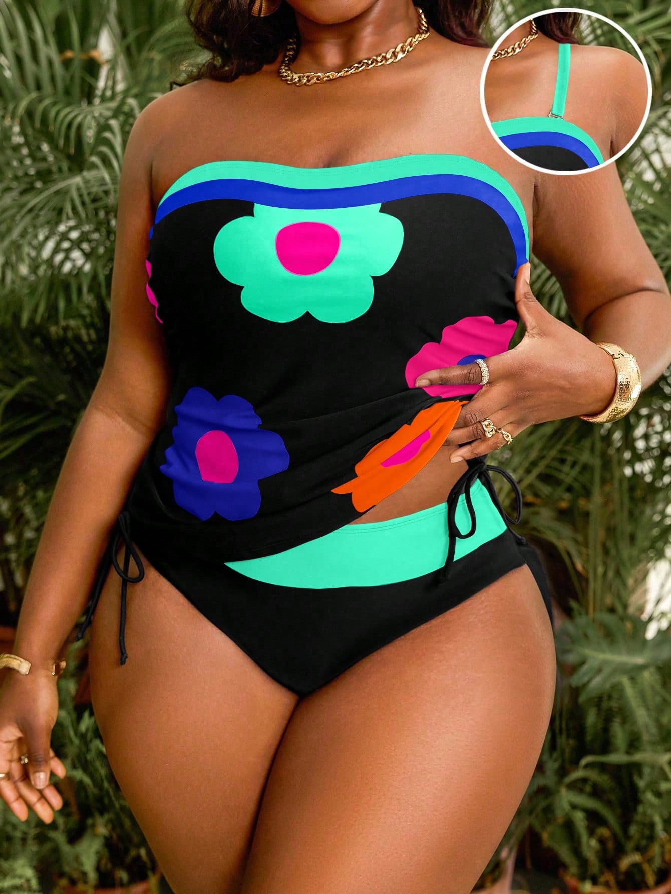 Slaydiva Plus Size Women 2pcs Floral Print Bandeau Swimwear Top With Drawstring High Waist Bottom Swimwear Set, Summer Beach Resort
