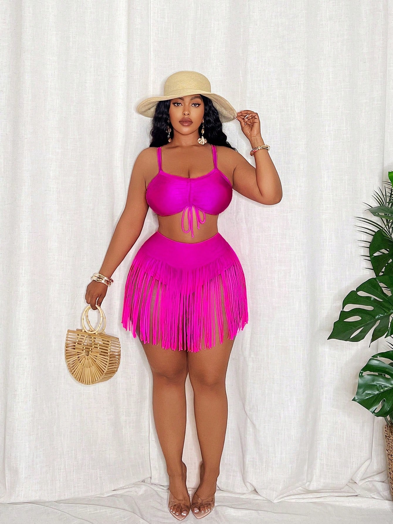 Slaydiva Plus Size Women 2pcs Set Halter Bandeau Top And Fringed Shorts Swimsuit, Beach Vacation Outfit For Summer