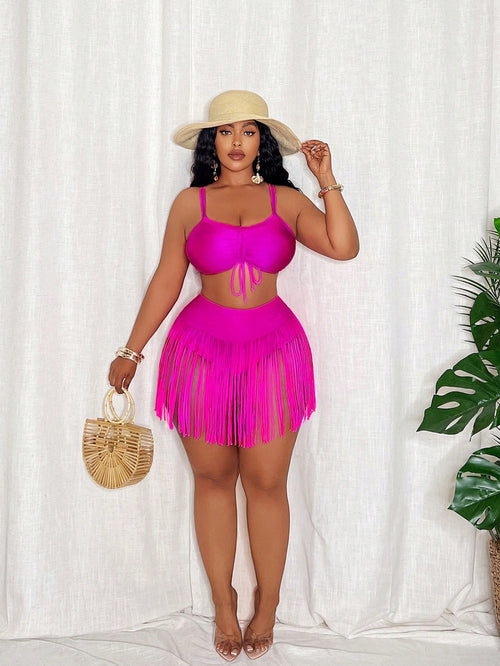 Slaydiva Plus Size Women 2pcs Set Halter Bandeau Top And Fringed Shorts Swimsuit, Beach Vacation Outfit For Summer