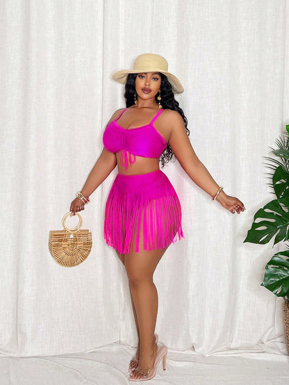 Slaydiva Plus Size Women 2pcs Set Halter Bandeau Top And Fringed Shorts Swimsuit, Beach Vacation Outfit For Summer