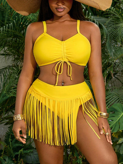 Slaydiva Plus Size Women 2pcs Set Halter Bandeau Top And Fringed Shorts Swimsuit, Beach Vacation Outfit For Summer