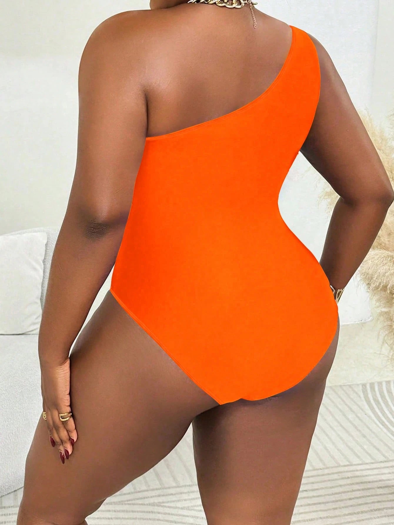 Slaydiva Plus Size Women Blue Hollow-Out Gold Accent Slim Fit Casual One-Piece Swimsuit, Summer Beach Holiday