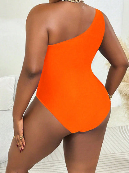 Slaydiva Plus Size Women Blue Hollow-Out Gold Accent Slim Fit Casual One-Piece Swimsuit, Summer Beach Holiday