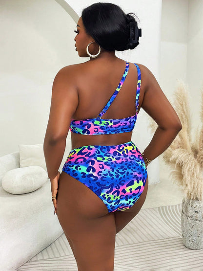 Slaydiva Plus Size Women Leopard Print Drawstring One Shoulder Swimwear Sets, Casual Resort Wear For Summer Beach Vacation