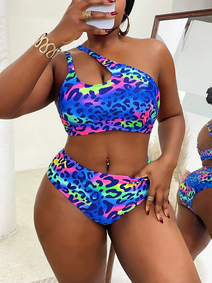 Slaydiva Plus Size Women Leopard Print Drawstring One Shoulder Swimwear Sets, Casual Resort Wear For Summer Beach Vacation