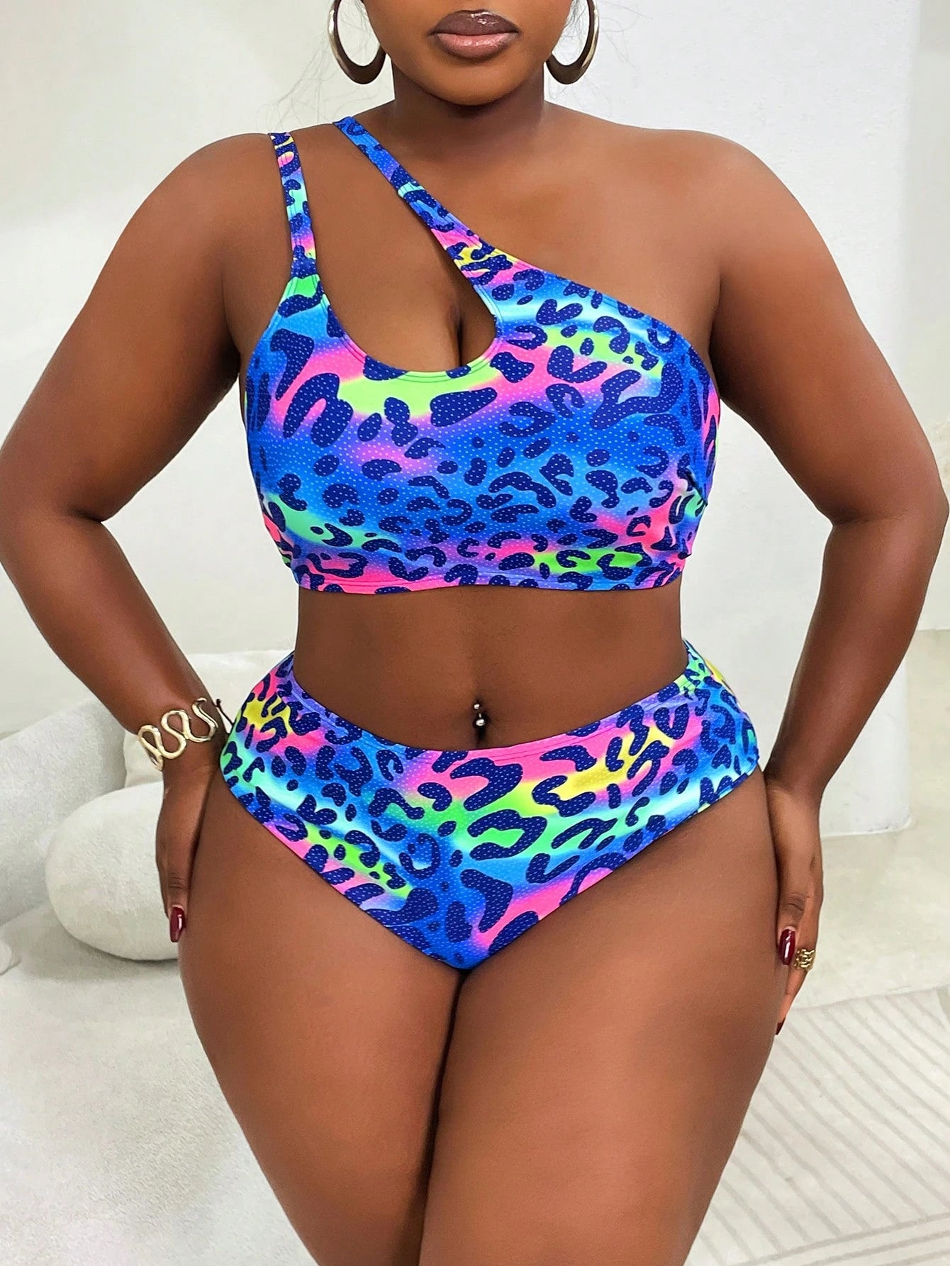 Slaydiva Plus Size Women Leopard Print Drawstring One Shoulder Swimwear Sets, Casual Resort Wear For Summer Beach Vacation